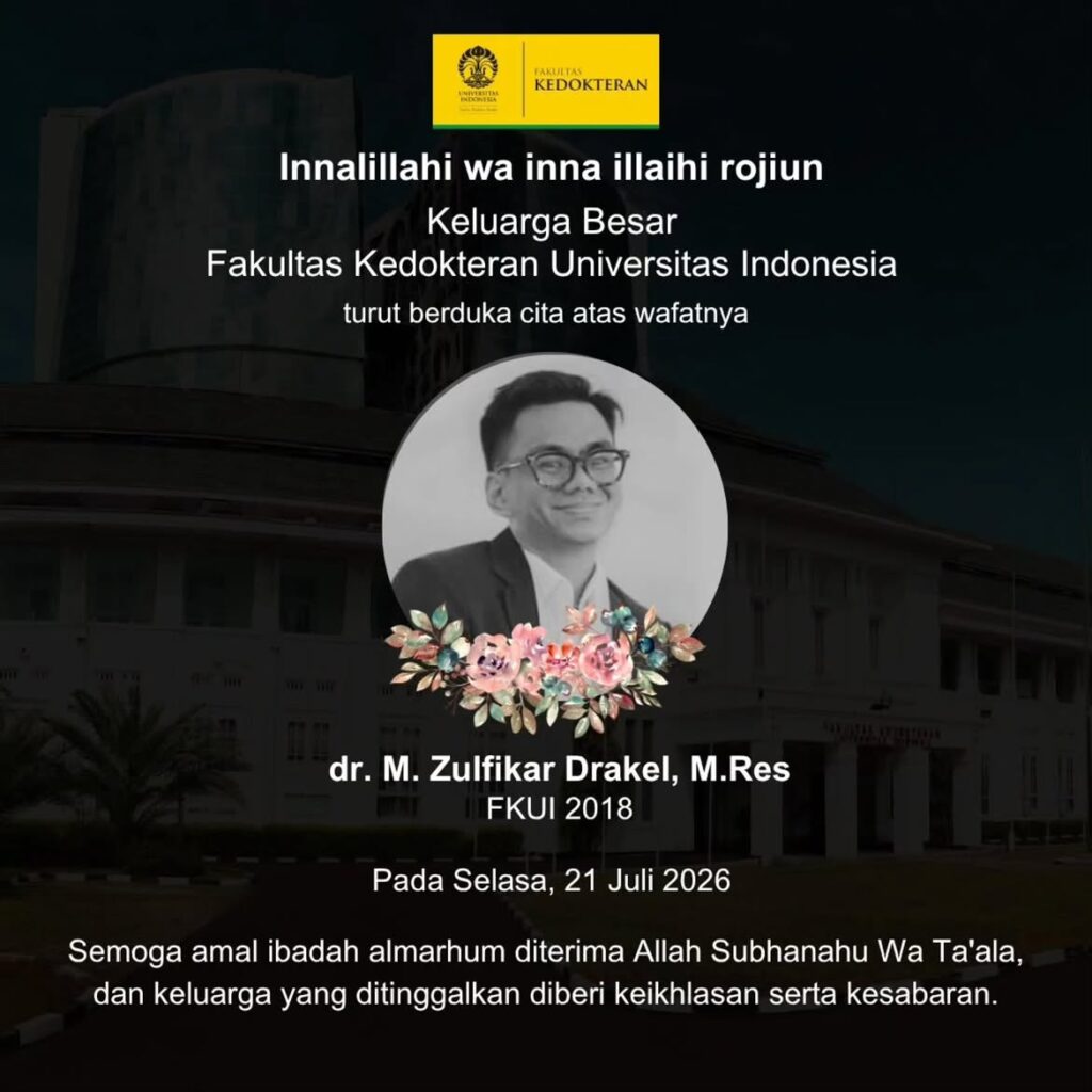 Pernyataan duka cita dekan fkuiinnalillahi wa inna ilaihi rajiun atas nama keluarga besar faku catrawarta University condolence post with yellow fkui logo portrait in a flower frame for dr M Zulfikar drakel preferences